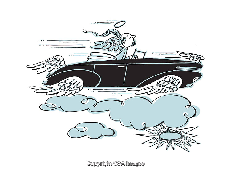 Whimsical Illustration of Flying Car with Angelic Wings in the Clouds