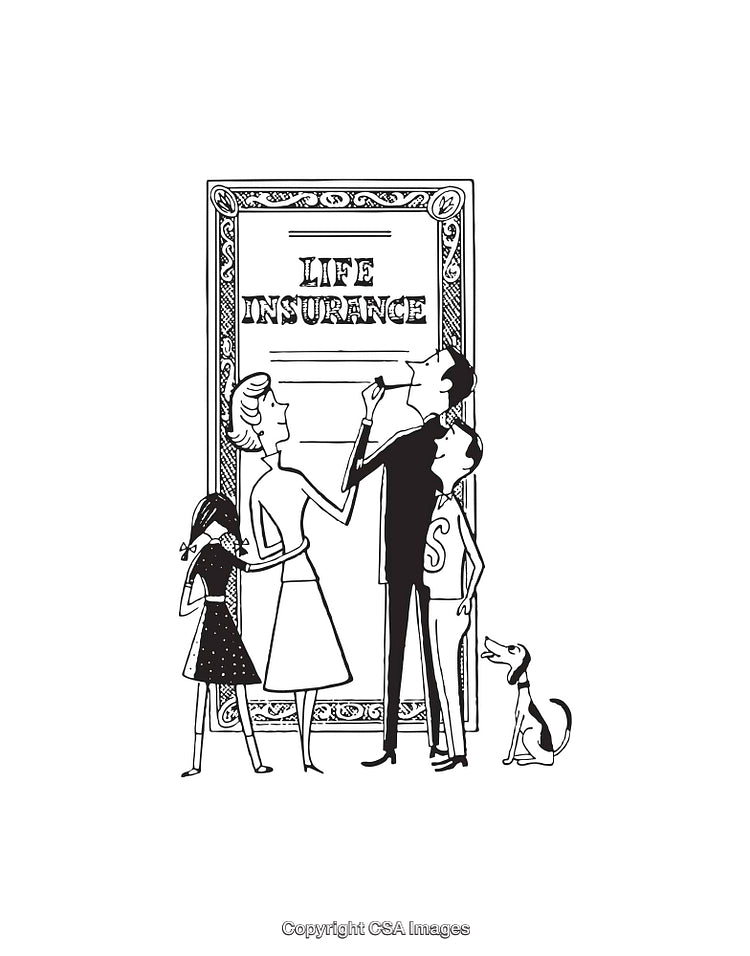 Black and White Line Art of Family with Life Insurance Document