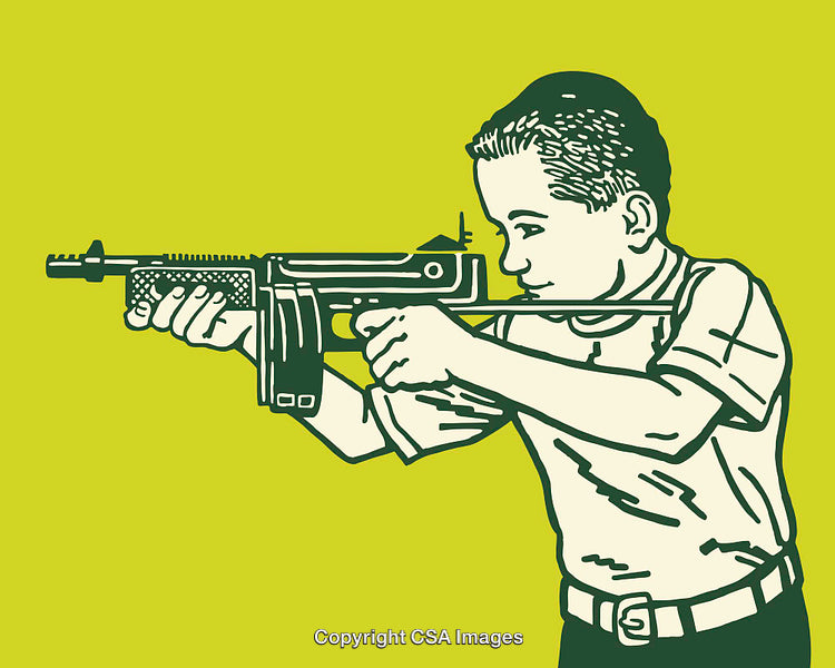 Retro Styled Illustration of a Child Holding a Toy Rifle with Focus