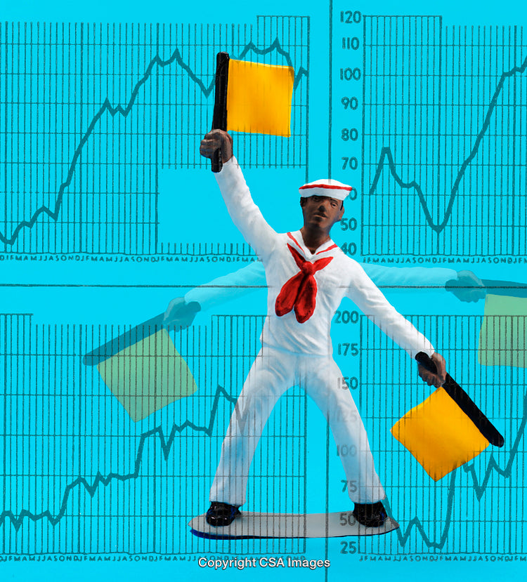 Plastic Sailor Figure with Flags and Overlaid Charts on Blue Background
