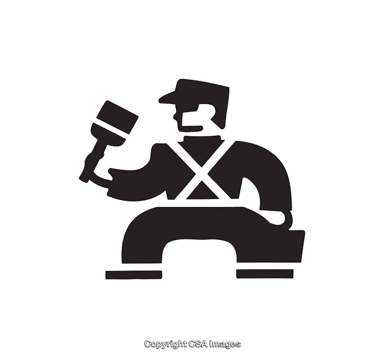 Black and White Illustration of Worker Holding a Large Hand Tool