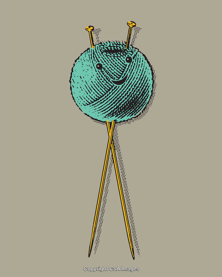 Smiling Ball of Yarn With Knitting Needles in Whimsical Style