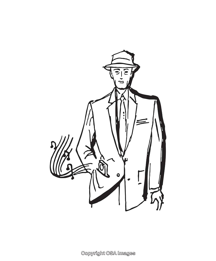 Vintage Gentleman Illustration with Musical Notes in Black and White Line Art