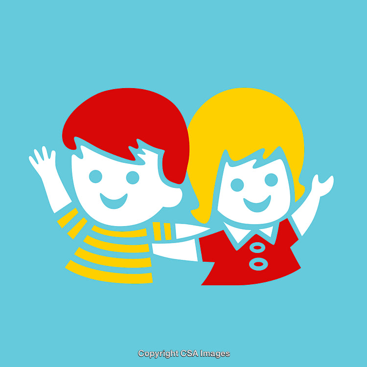 Colorful Cartoon Illustration of Two Happy Kids Embracing on Blue Background