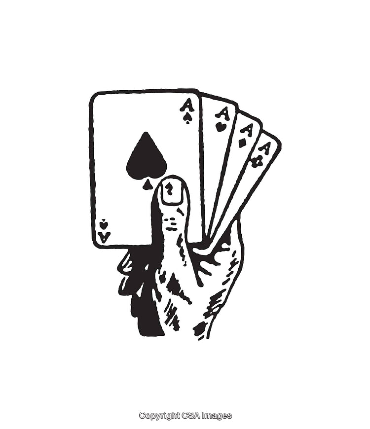 Black and White Line Illustration of a Hand Holding Four Playing Aces