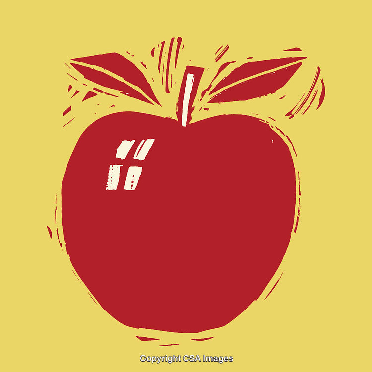 Red Apple Illustration in Bold Outline Style on Yellow Background