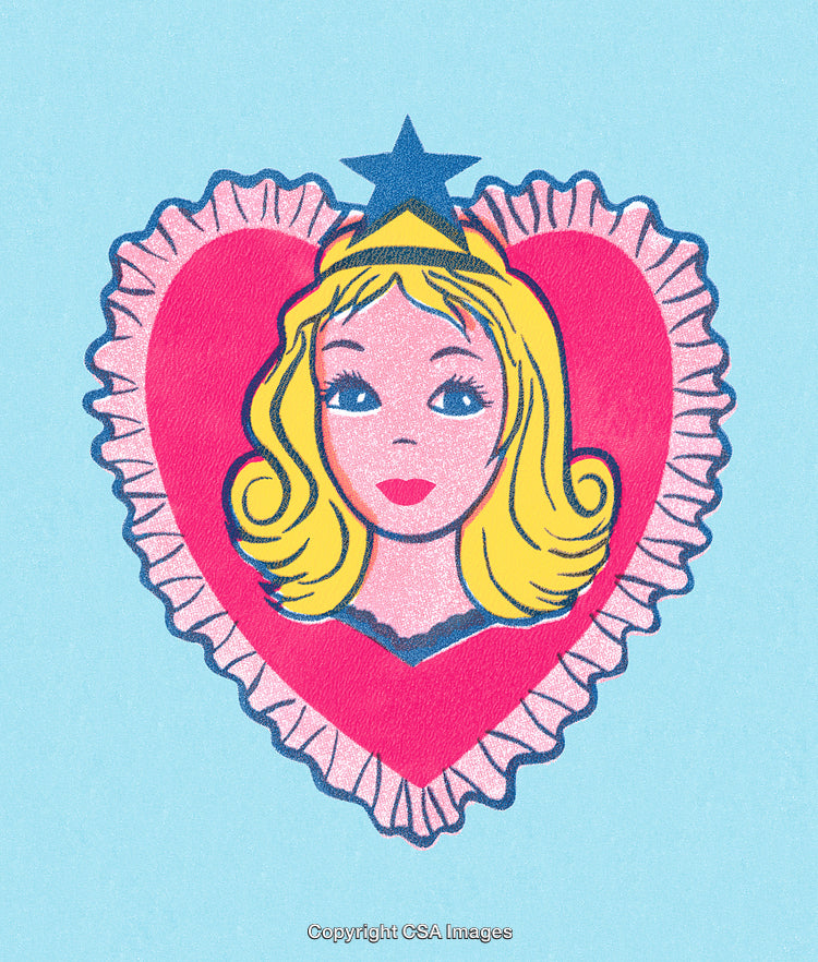 Illustration of a Blonde Girl in Retro Style Surrounded by a Heart Frame