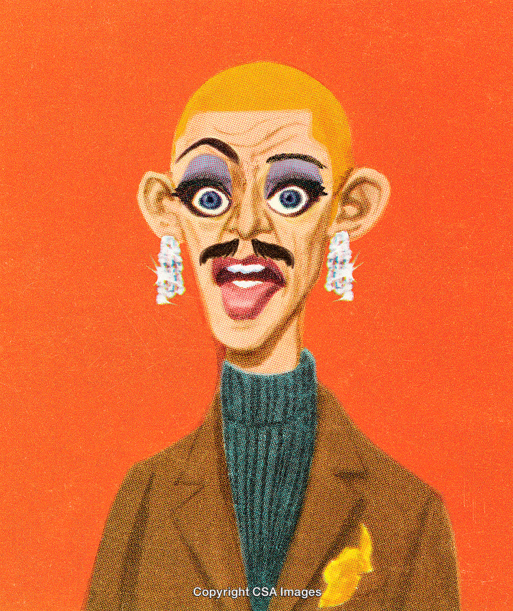Bright Cartoon Character with Bold Makeup and Expressive Style on Orange Background