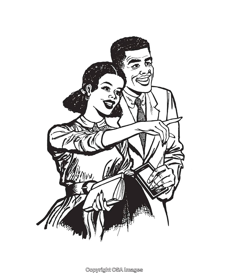 Retro Black and White Illustration of a Smiling Couple Pointing Together