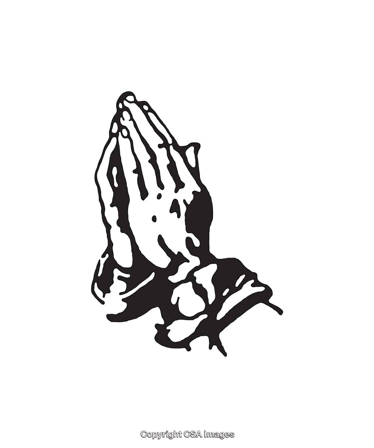 Black and White Line Art of Praying Hands in Reverent Pose