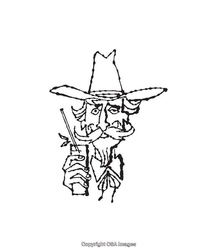 Detailed Line Drawing of a Cowboy with Distinct Features and Accessories