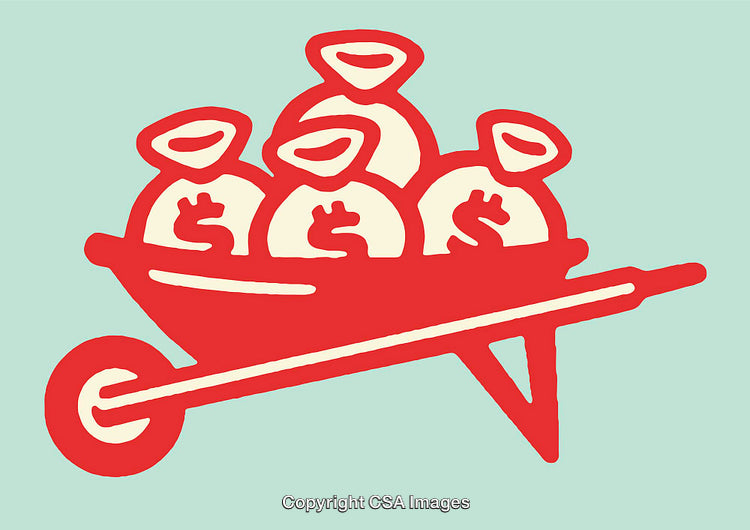 Illustration of Money Bags on a Wheelbarrow in Artistic Style