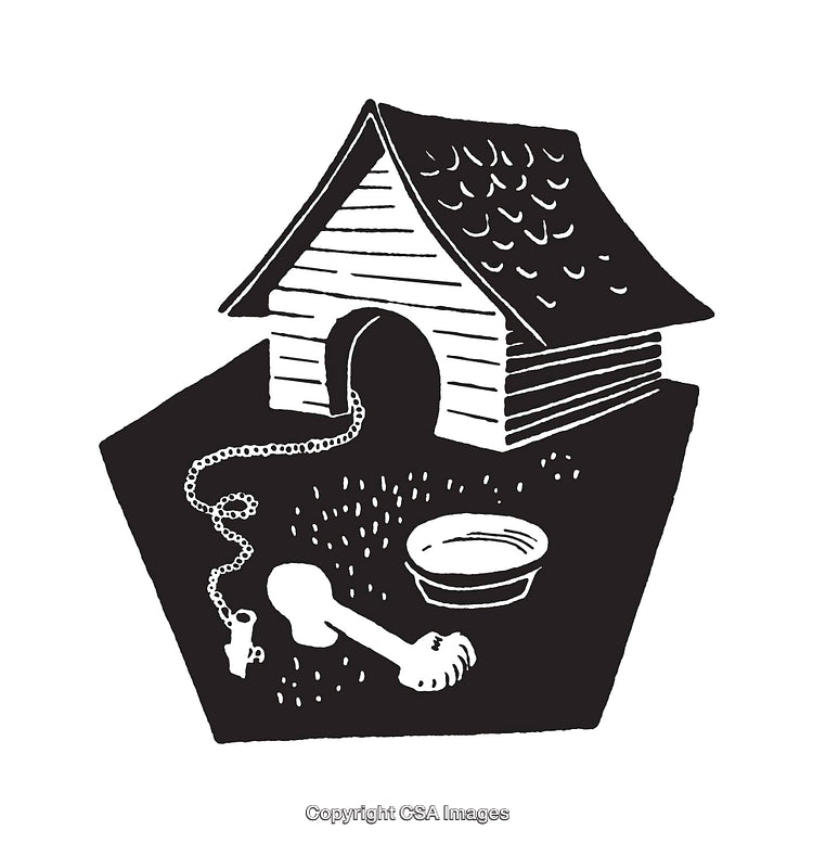 Black and White Line Art of a Dog House with Accessories