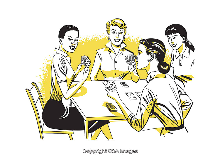Retro Illustration of Women Playing Cards in a Social Gathering
