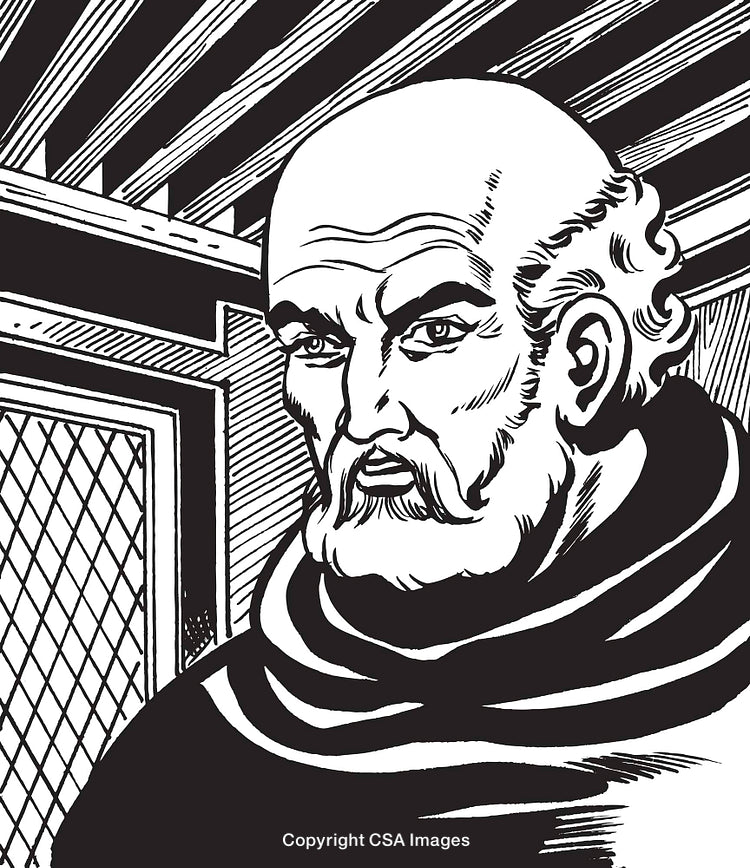 Black and White Illustration of a Character in Monastic Attire