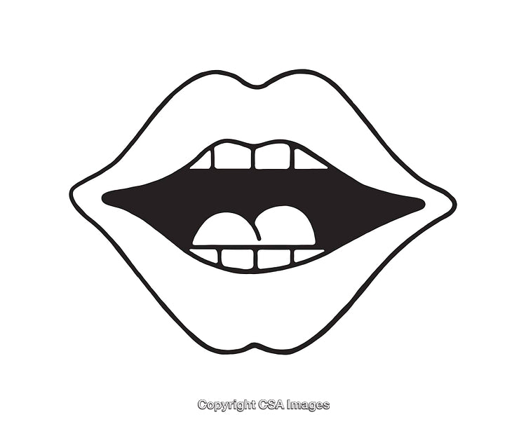 Minimalist Black and White Line Art of Open Lips and Teeth