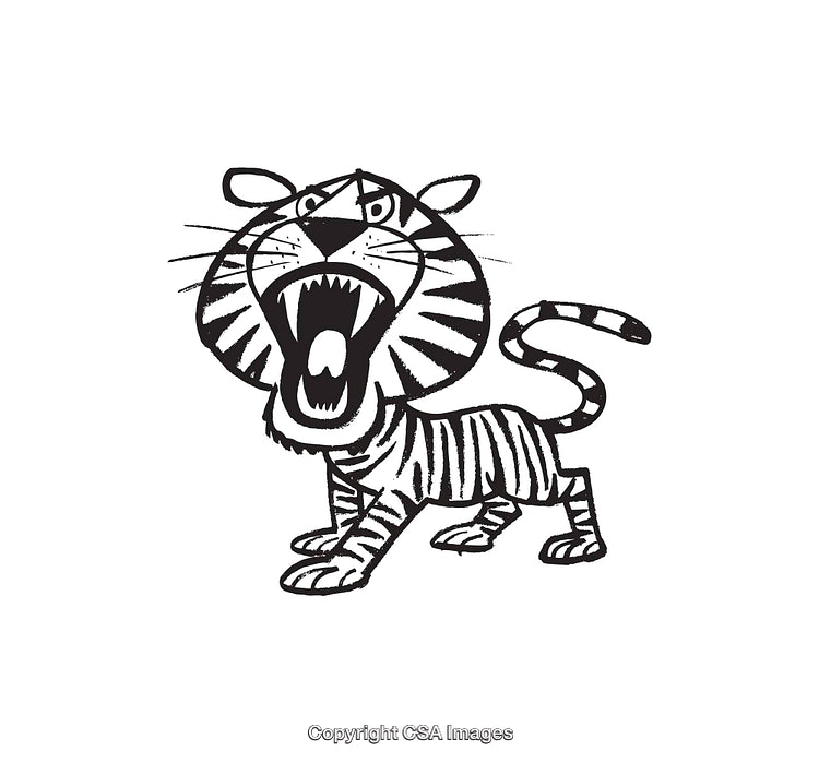 Black and White Line Illustration of a Fierce Tiger Roaring
