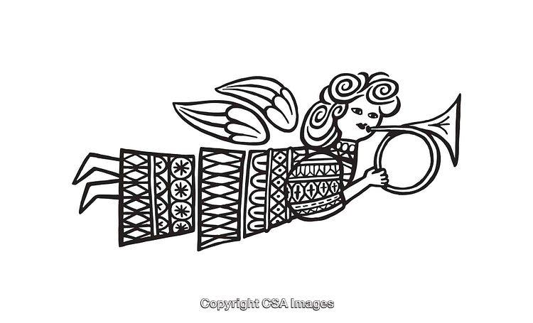 Black And White Line Art Depiction of Angel Playing Trumpet Illustration