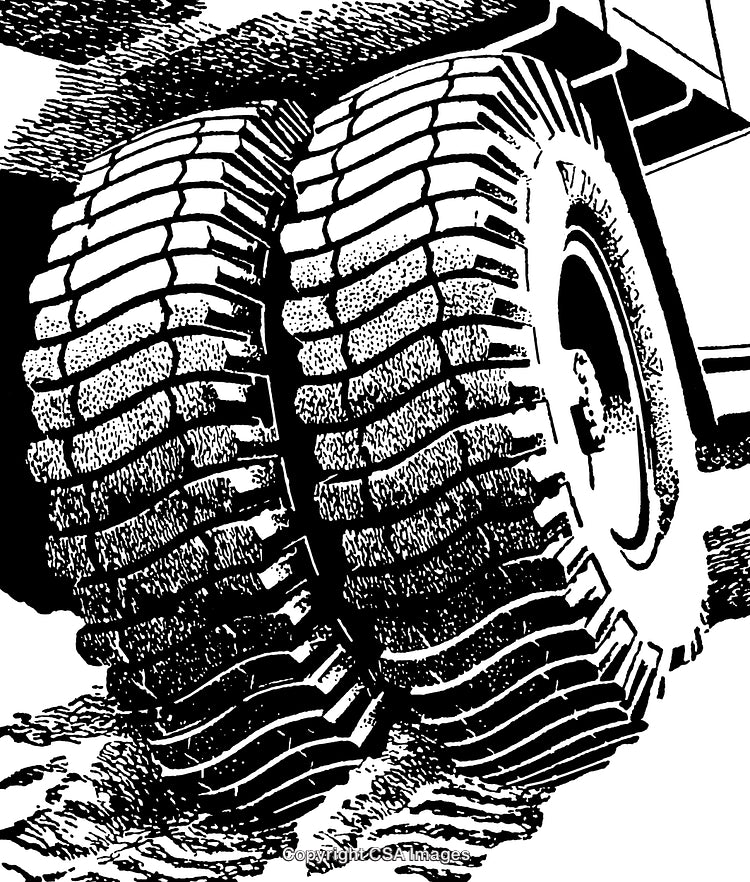 Detailed Black And White Engraving of Large Tires on Rough Terrain