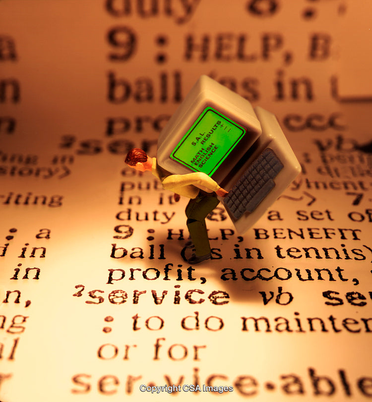 Miniature Figure Carrying Computer Against Text Background Symbolizing Digital Work