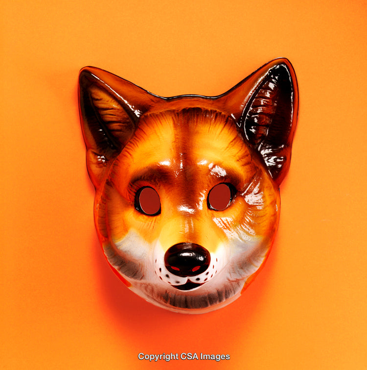 Colorful Fox-Themed Plastic Mask on Vibrant Orange Background