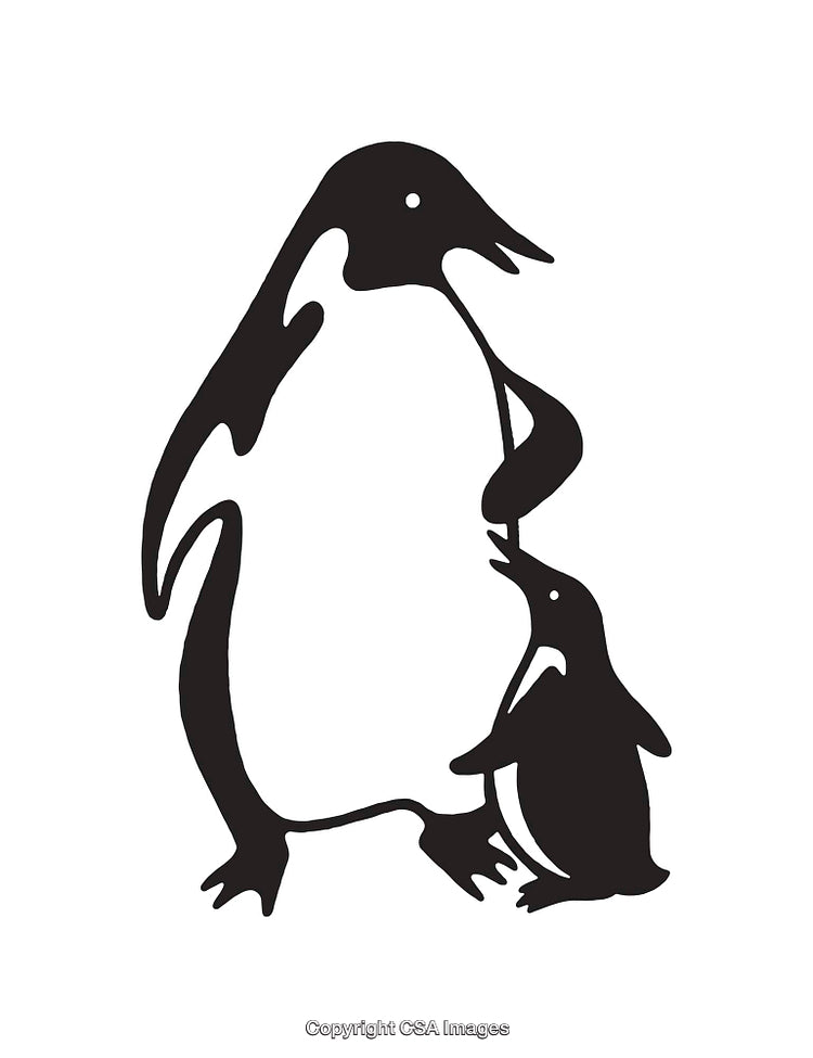 Parent and Child Penguins Illustrated in Black and White Line Art