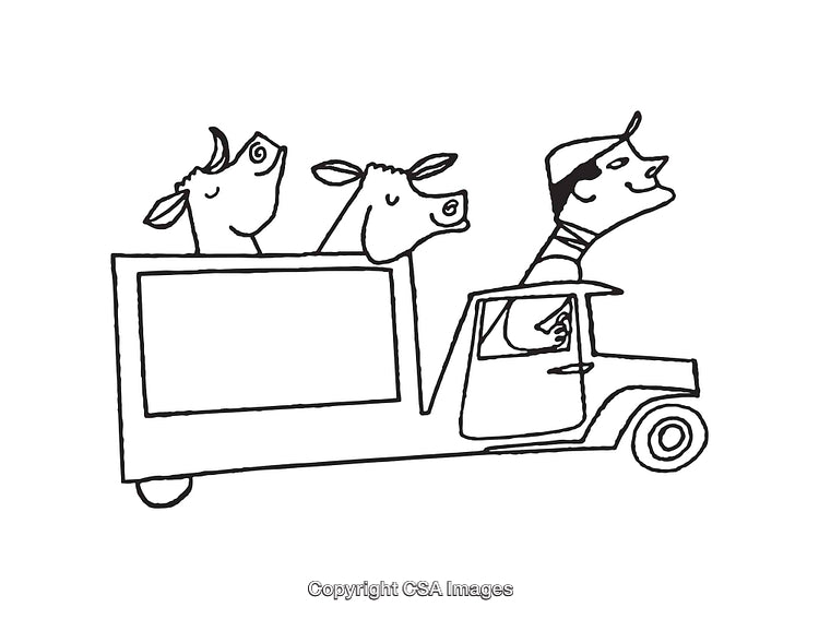 Cartoon Delivery Truck with Driver and Smiling Cows, Black and White Illustration