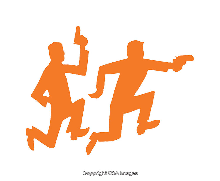Dynamic Orange Silhouettes of Two People With Pistols in Action Poses