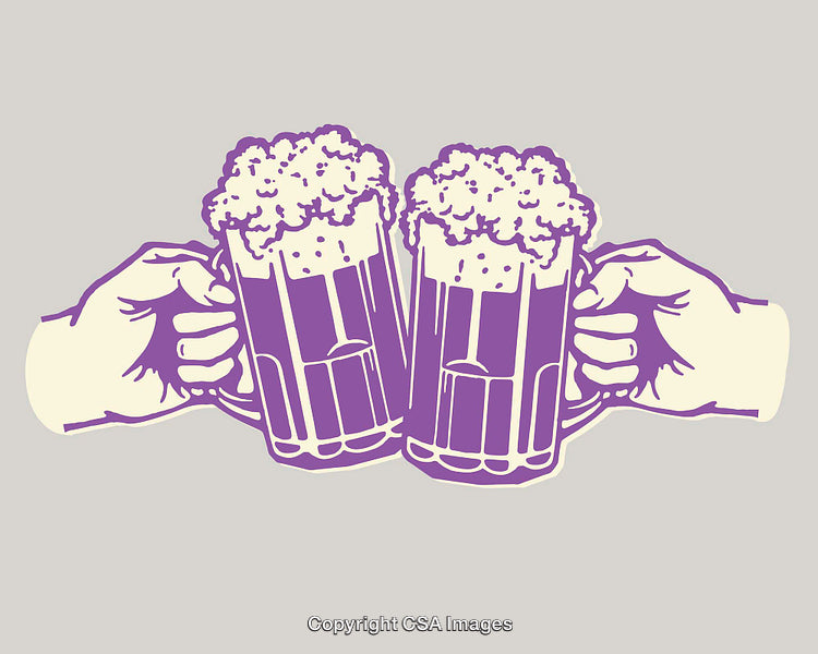 Hands Clinking Beer Mugs in Colorful Line Art Illustration