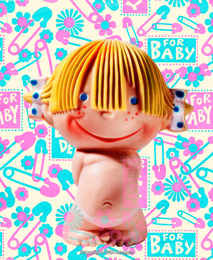 Colorful Plastic Toy Figure on Playful Baby Themed Patterned Background