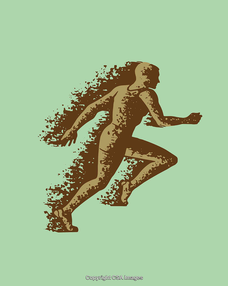 Silhouette of a Runner Disintegrating into Fragments on a Green Background