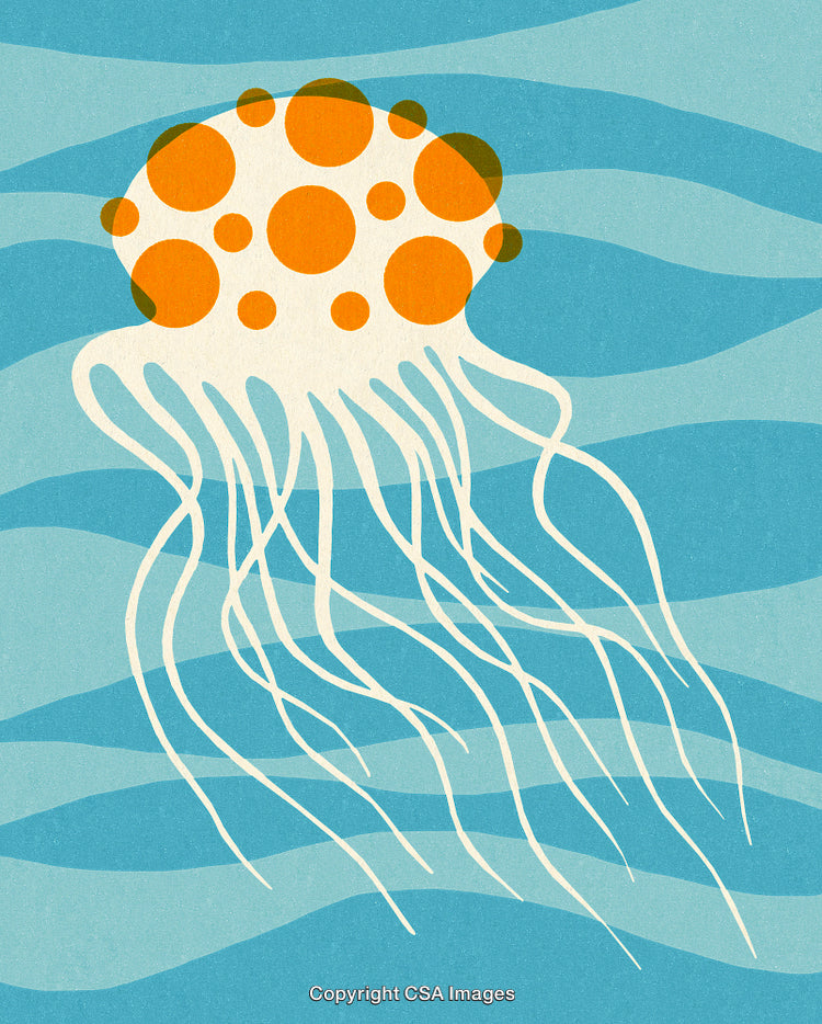 Stylized Jellyfish Illustration With Blue Background and Wavy Patterns
