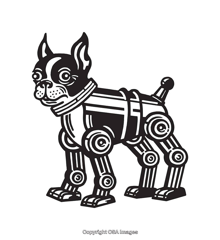 Illustrated Black and White Robot Dog in Stylized Line Art