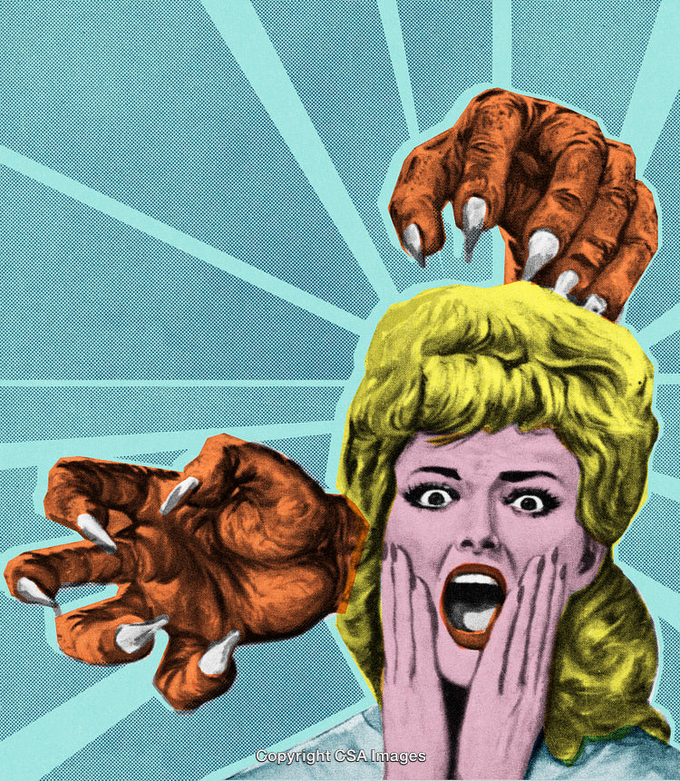Retro Horror-Inspired Artwork of a Surprised Woman and Monstrous Claw Hands