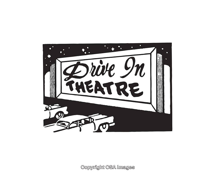 Retro Drive-In Theatre Sign with Vintage Cars Illustration in Black and White