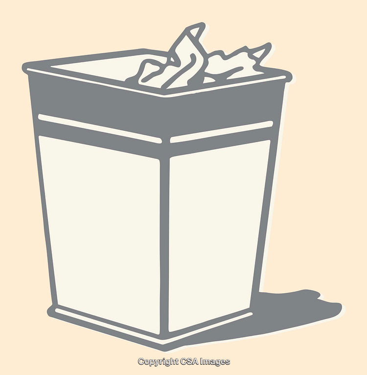 Minimalist Line Art Illustration of a Trash Bin with Paper Waste