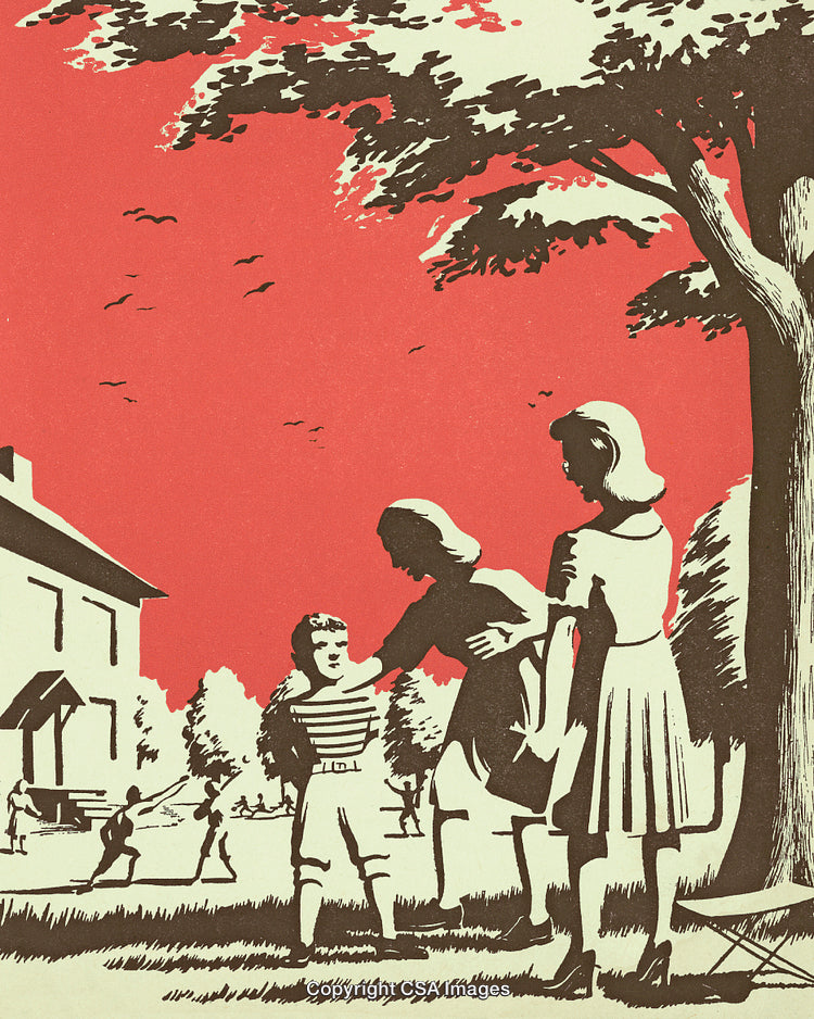 Vintage Illustration of Family in Park Under Trees