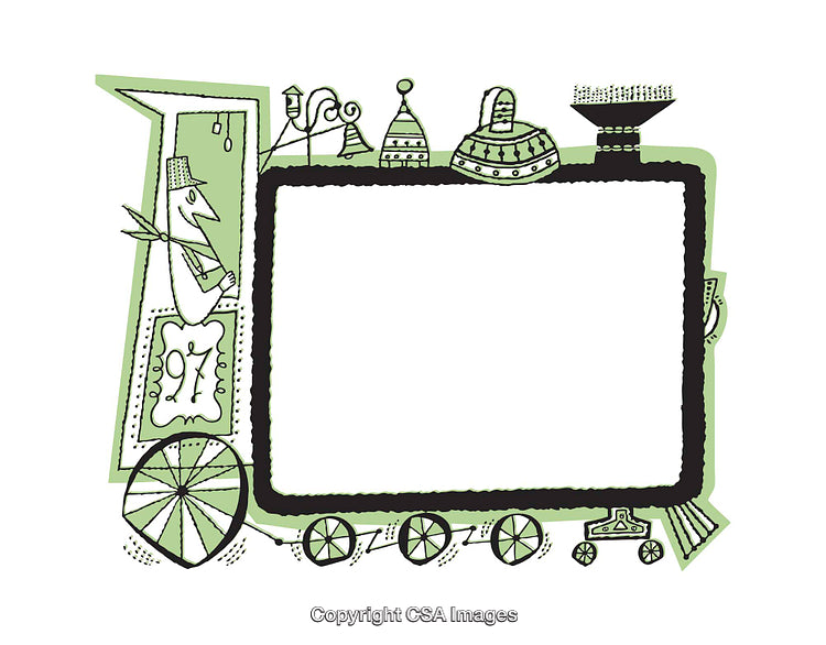Playful Illustrated Train Frame With Whimsical Elements and Green Accents