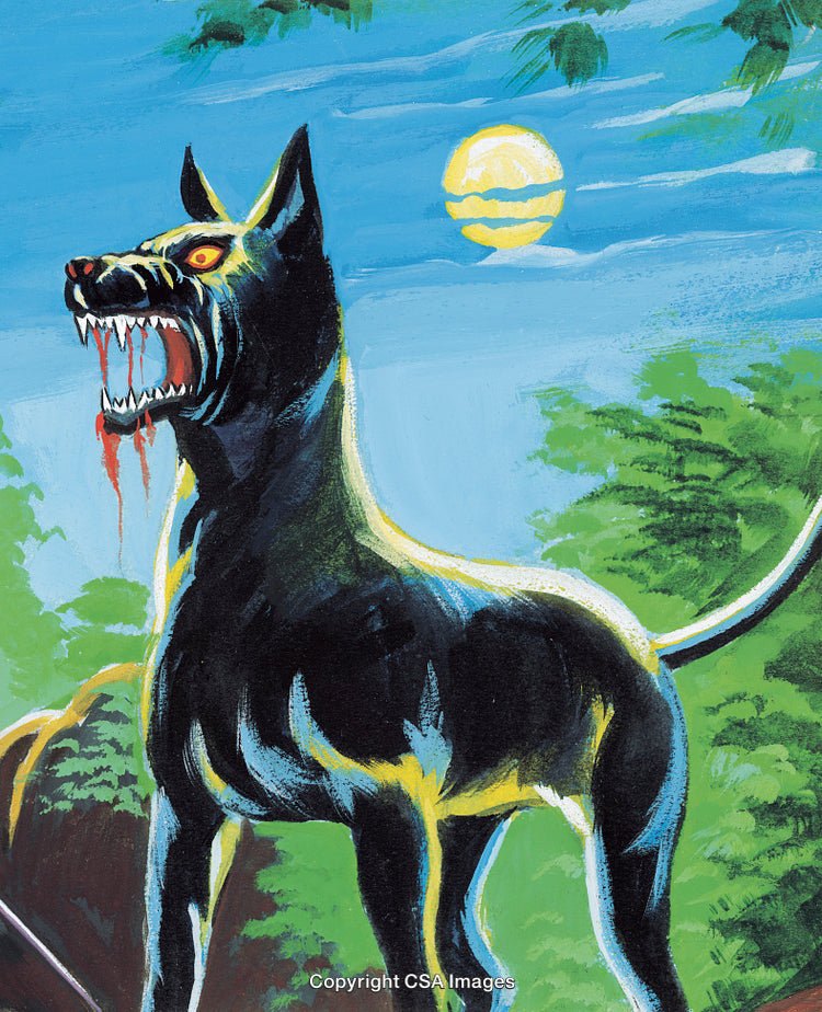 Fierce Black Dog with Red Eyes and Sharp Teeth Under a Full Moon