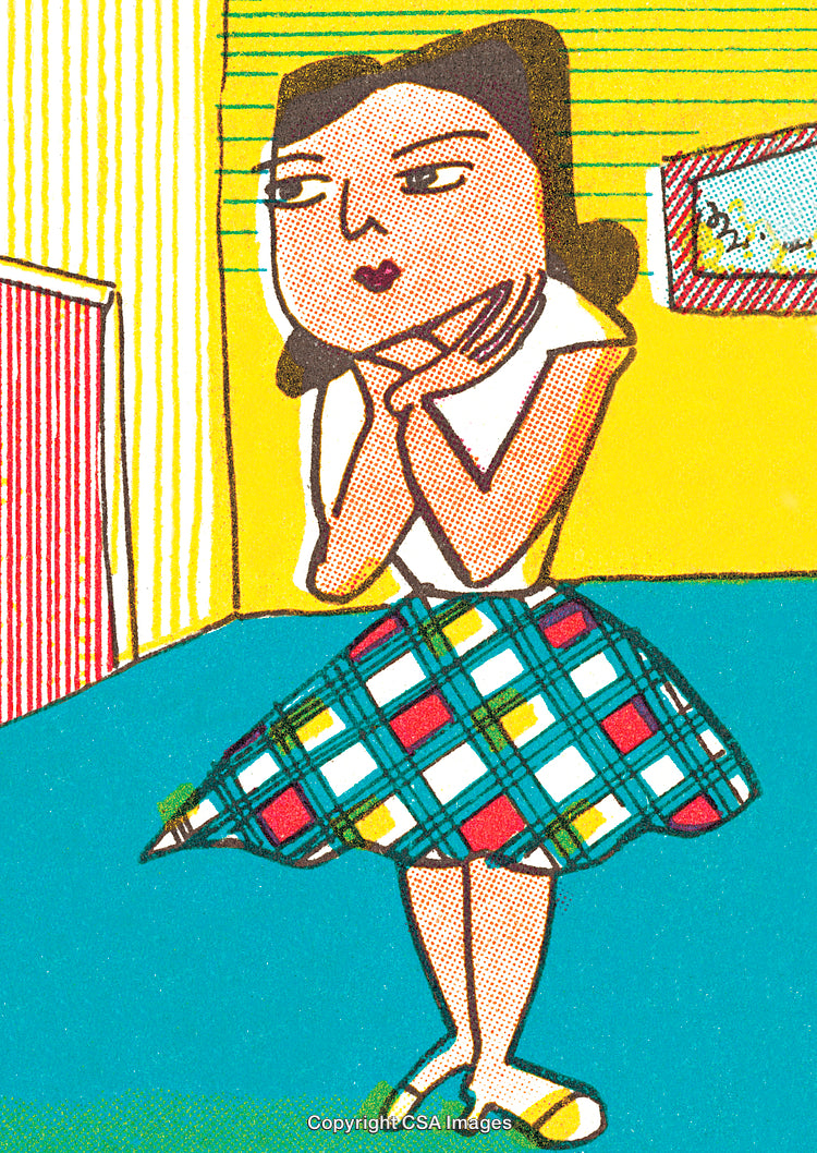 Colorful Illustration of a Thoughtful Woman in a Plaid Skirt