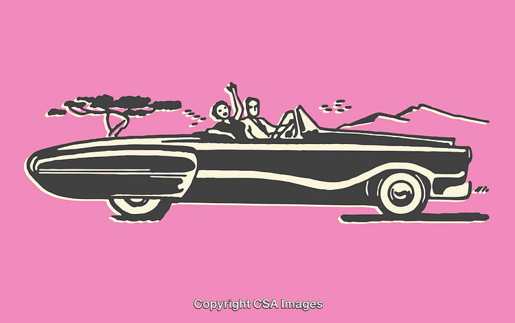 Retro Pink Car Illustration With Adventurers Enjoying Scenic Drive