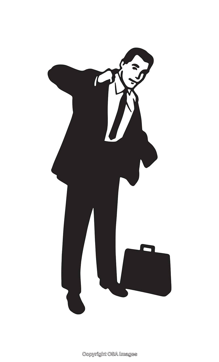 Black and White Illustration of a Businessman Adjusting Suit Beside Briefcase