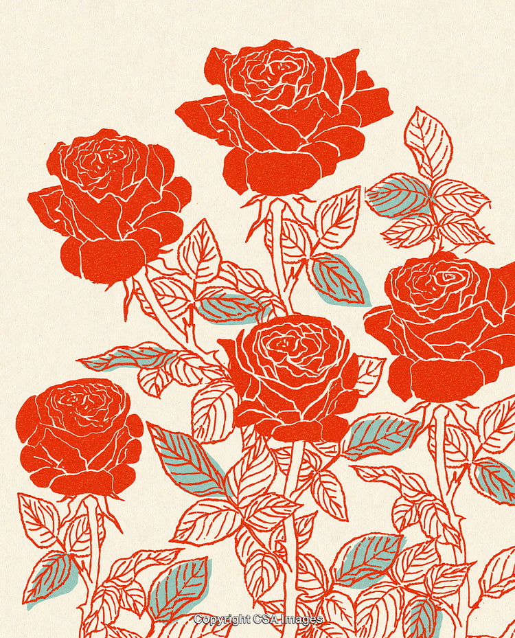 Colorful Floral Artwork Featuring Red Roses and Stylized Leaves on Pale Background