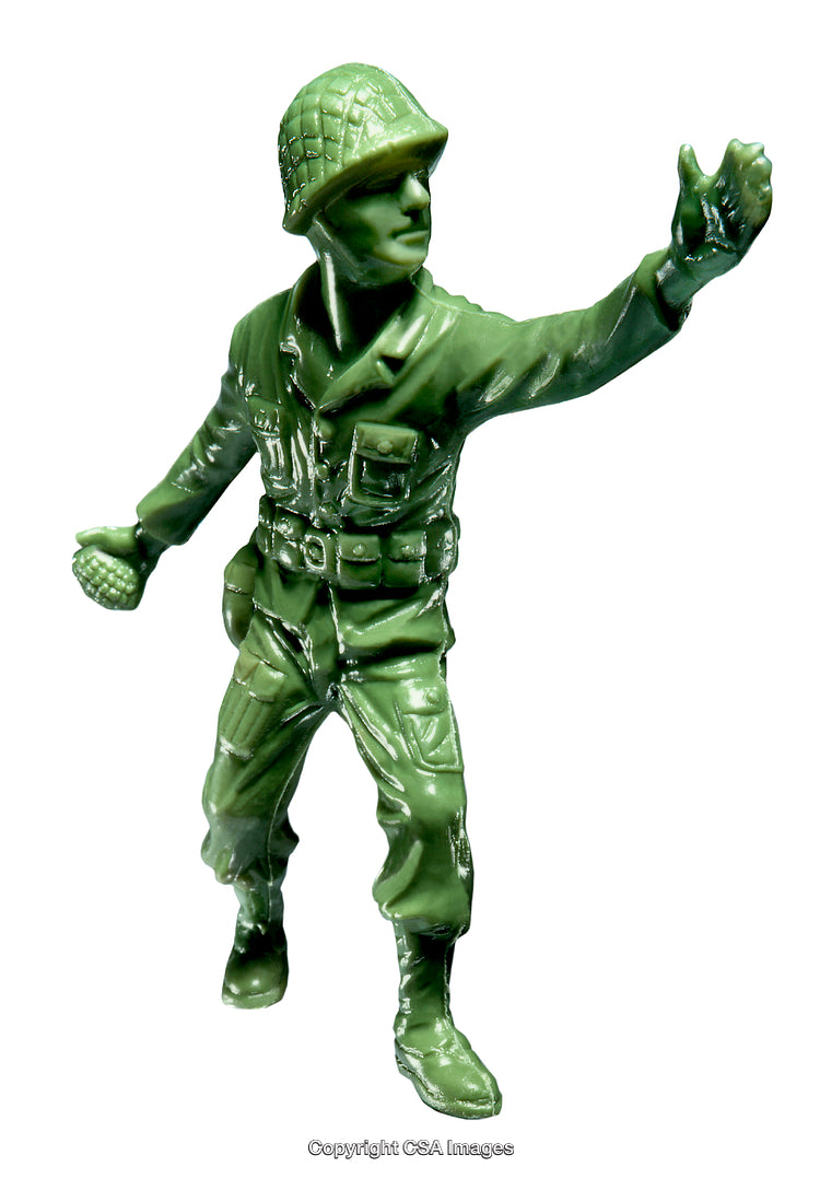 Green Plastic Toy Soldier in Action Pose Holding Grenade