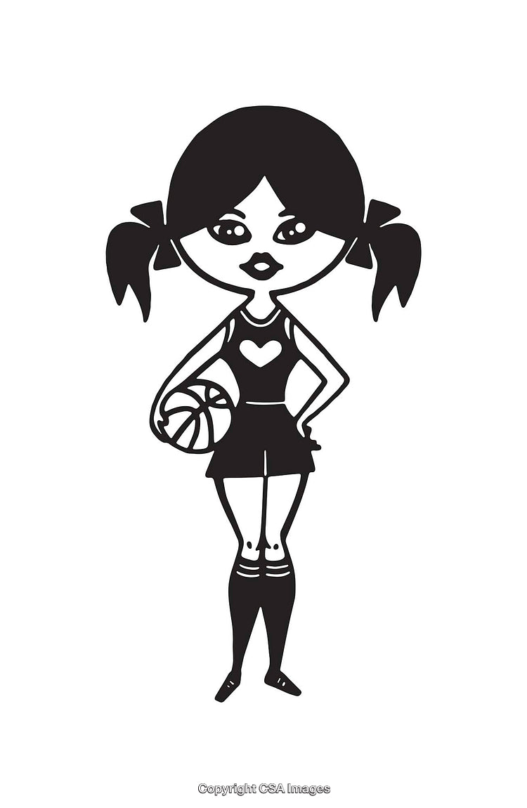 Black and White Illustration of a Stylish Girl Holding a Basketball