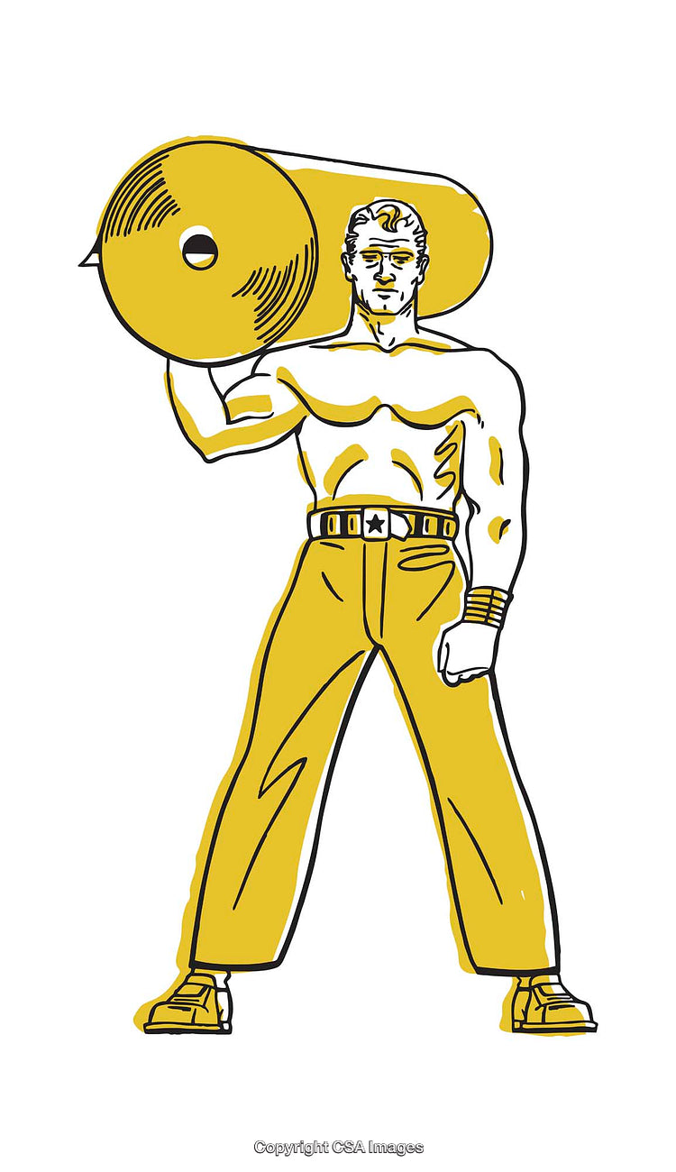 Illustration of a Strong Hero Holding a Giant Industrial Roller
