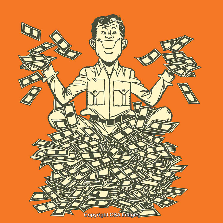 Smiling Cartoon Man Surrounded by Money on an Orange Background