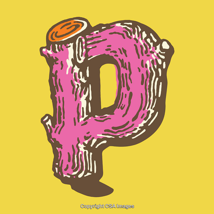 Stylized Capital Letter P Rendered as Wood and Bark Design with Pink Texture