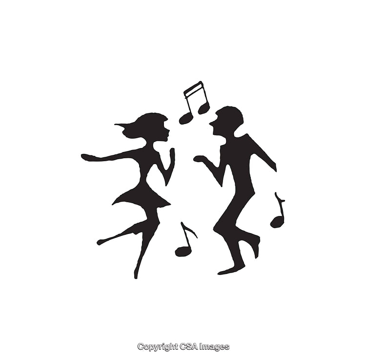 Silhouette of Dancing Couple with Musical Notes Icon in Black and White