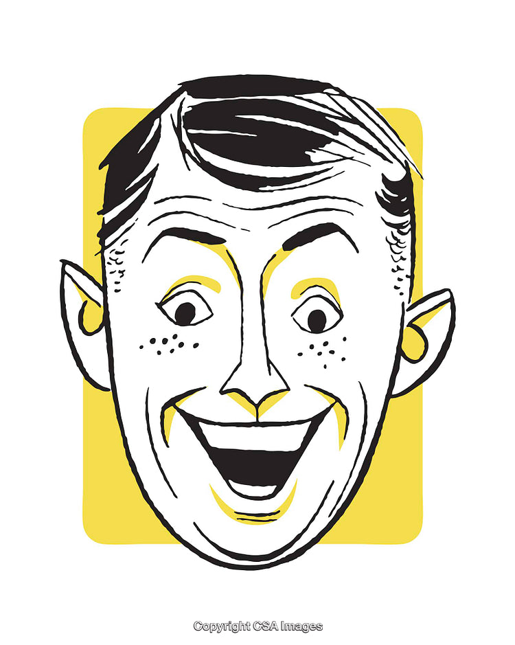 Retro Style Illustration of Excited Happy Face on Yellow Background